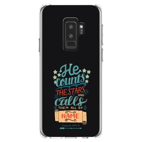 DistinctInk Clear Shockproof Hybrid Case for Samsung Galaxy S9+ PLUS (6.2" Screen) - TPU Bumper, Acrylic Back, Tempered Glass Screen Protector - Psalm 147:4 - He Counts the Stars Calls Them By Name