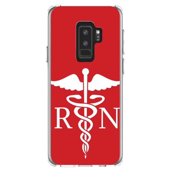 DistinctInk Clear Shockproof Hybrid Case for Samsung Galaxy S9+ PLUS (6.2" Screen) - TPU Bumper, Acrylic Back, Tempered Glass Screen Protector - RN Registered Nurse Symbol - Support for Nurses
