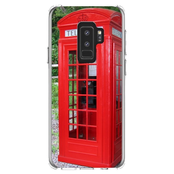 DistinctInk Clear Shockproof Hybrid Case for Samsung Galaxy S9+ PLUS (6.2" Screen) - TPU Bumper, Acrylic Back, Tempered Glass Screen Protector - Red London Phone Booth