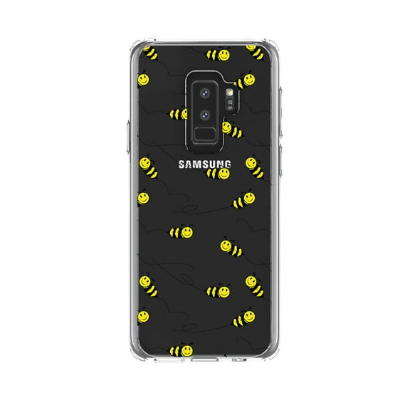 DistinctInk Clear Shockproof Hybrid Case for Samsung Galaxy S9+ PLUS (6.2" Screen) - TPU Bumper, Acrylic Back, Tempered Glass Screen Protector - Repeating Bumble bees