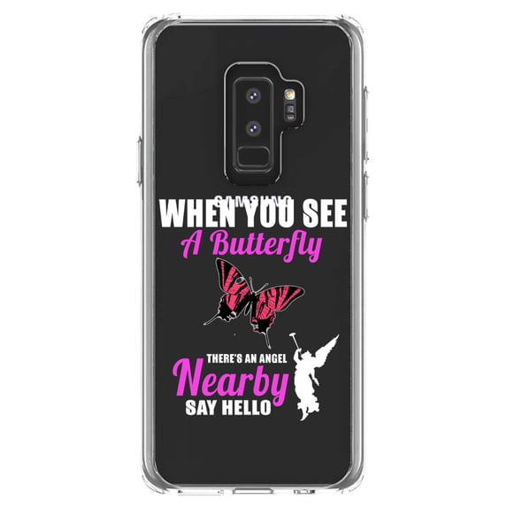 DistinctInk Clear Shockproof Hybrid Case for Samsung Galaxy S9+ PLUS (6.2" Screen) - TPU Bumper Acrylic Back Tempered Glass Screen Protector - See Butterfly, Angel is Nearby