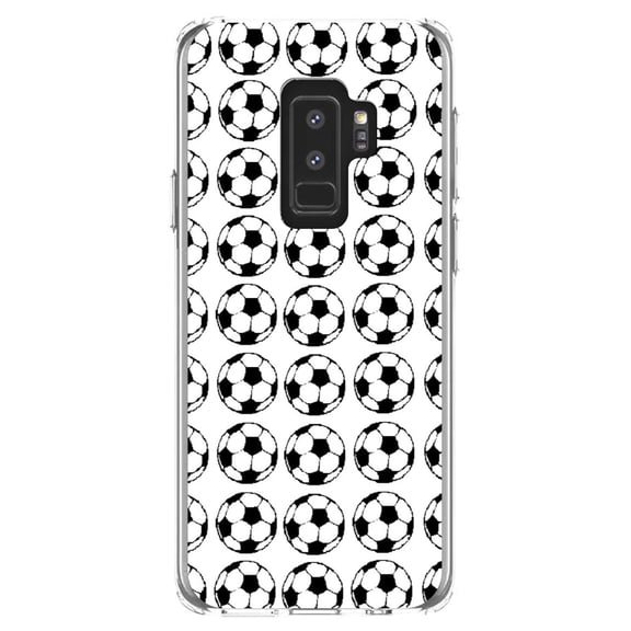 DistinctInk Clear Shockproof Hybrid Case for Samsung Galaxy S9+ PLUS (6.2" Screen) - TPU Bumper, Acrylic Back, Tempered Glass Screen Protector - Soccer Balls Drawing