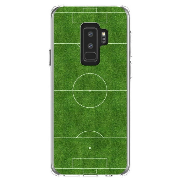 DistinctInk Clear Shockproof Hybrid Case for Samsung Galaxy S9+ PLUS (6.2" Screen) - TPU Bumper, Acrylic Back, Tempered Glass Screen Protector - Soccer Field Layout
