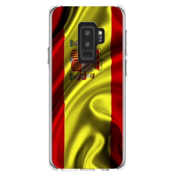 DistinctInk Clear Shockproof Hybrid Case for Samsung Galaxy S9+ PLUS (6.2" Screen) - TPU Bumper, Acrylic Back, Tempered Glass Screen Protector - Spain Waving Spanish Flag Red Yellow - Spain