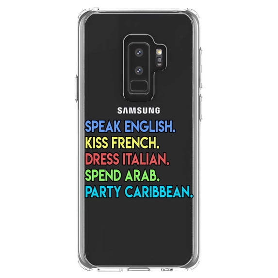 DistinctInk Clear Shockproof Hybrid Case for Samsung Galaxy S9+ PLUS (6.2" Screen) - TPU Bumper Acrylic Back Tempered Glass Screen Protector - Speak English Kiss French Dress Italian