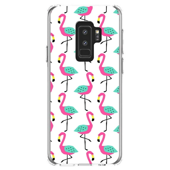 DistinctInk Clear Shockproof Hybrid Case for Samsung Galaxy S9+ PLUS (6.2" Screen) - TPU Bumper, Acrylic Back, Tempered Glass Screen Protector - Summer Graphics - Flamingo Pattern - Pink
