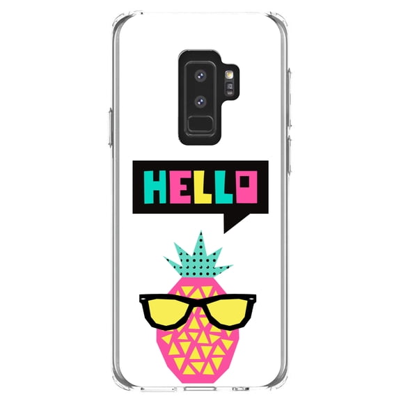 DistinctInk Clear Shockproof Hybrid Case for Samsung Galaxy S9+ PLUS (6.2" Screen) - TPU Bumper, Acrylic Back, Tempered Glass Screen Protector - Summer Graphics - Hello Cartoon Pineapple