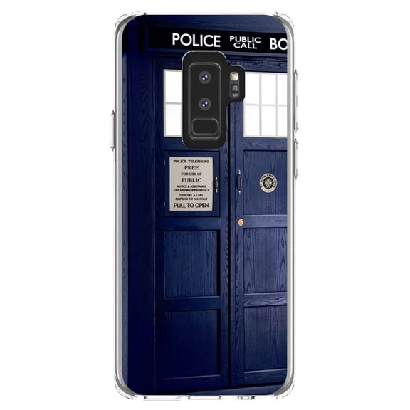 DistinctInk Clear Shockproof Hybrid Case for Samsung Galaxy S9+ PLUS (6.2" Screen) - TPU Bumper, Acrylic Back, Tempered Glass Screen Protector - TARDIS Police Call Box