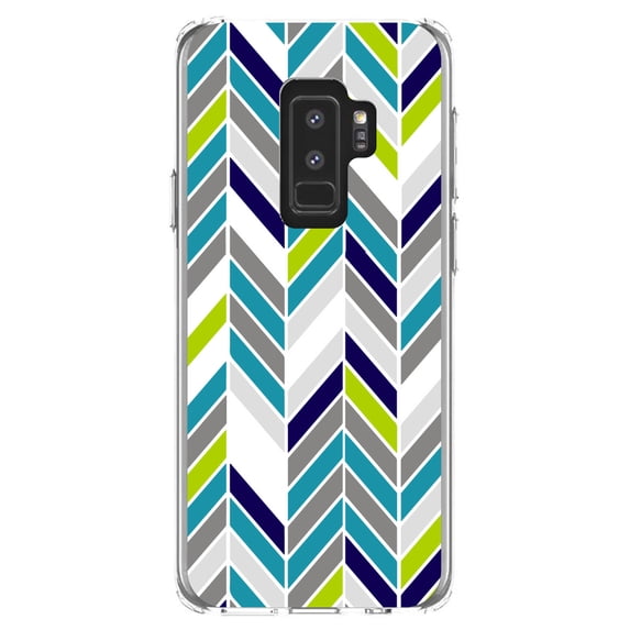 DistinctInk Clear Shockproof Hybrid Case for Samsung Galaxy S9+ PLUS (6.2" Screen) - TPU Bumper, Acrylic Back, Tempered Glass Screen Protector - Teal Navy Grey Herringbone