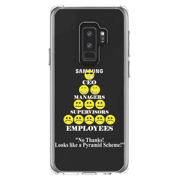 DistinctInk Clear Shockproof Hybrid Case for Samsung Galaxy S9+ PLUS (6.2" Screen) - TPU Bumper Acrylic Back Tempered Glass Screen Protector - No Thanks Looks Like a Pyramid Scheme