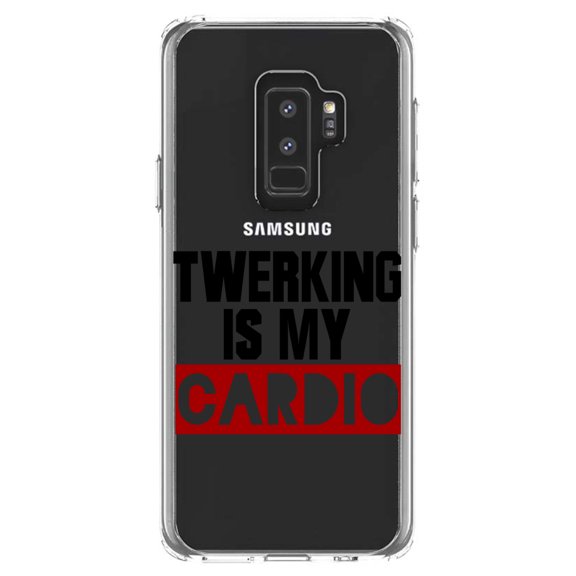 DistinctInk Clear Shockproof Hybrid Case for Samsung Galaxy S9+ PLUS (6.2" Screen) - TPU Bumper Acrylic Back Tempered Glass Screen Protector - Twerking is My Cardio