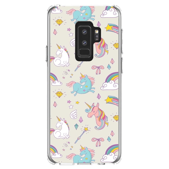 DistinctInk Clear Shockproof Hybrid Case for Samsung Galaxy S9+ PLUS (6.2" Screen) - TPU Bumper, Acrylic Back, Tempered Glass Screen Protector - Unicorn Rainbow Wand Pattern - Beige