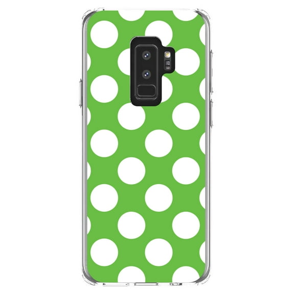 DistinctInk Clear Shockproof Hybrid Case for Samsung Galaxy S9+ PLUS (6.2" Screen) - TPU Bumper, Acrylic Back, Tempered Glass Screen Protector - White & Green Polka Dots