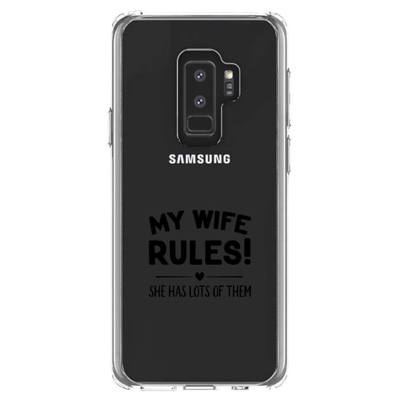 DistinctInk Clear Shockproof Hybrid Case for Samsung Galaxy S9+ PLUS (6.2" Screen) - TPU Bumper Acrylic Back Tempered Glass Screen Protector - My Wife Rules! She Has Lots of Them