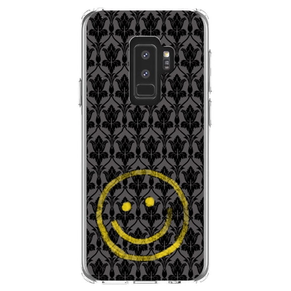DistinctInk Clear Shockproof Hybrid Case for Samsung Galaxy S9+ PLUS (6.2" Screen) - TPU Bumper, Acrylic Back, Tempered Glass Screen Protector - Yellow Smiley Face Black Grey Damask