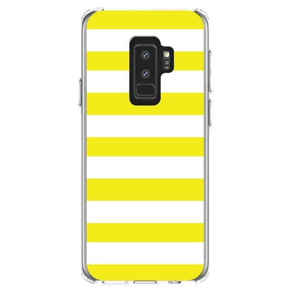 DistinctInk Clear Shockproof Hybrid Case for Samsung Galaxy S9+ PLUS (6.2" Screen) - TPU Bumper, Acrylic Back, Tempered Glass Screen Protector - Yellow & White Bold Horizontal Stripes