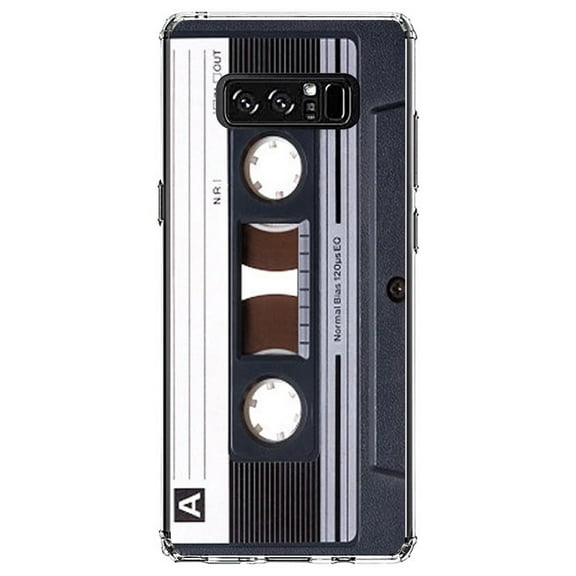 DistinctInk Clear Shockproof Hybrid Case for Samsung Galaxy Note 8 - TPU Bumper, Acrylic Back, Tempered Glass Screen Protector - Audio Cassette Tape