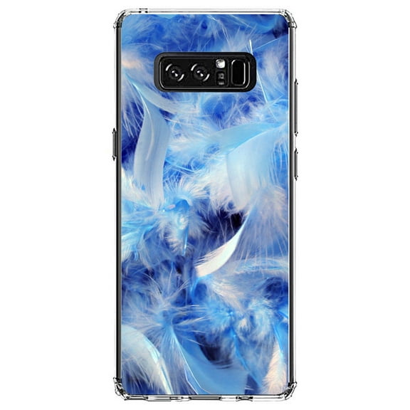 DistinctInk Clear Shockproof Hybrid Case for Samsung Galaxy Note 8 - TPU Bumper, Acrylic Back, Tempered Glass Screen Protector - Blue Feathers