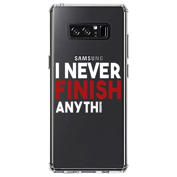 DistinctInk Clear Shockproof Hybrid Case for Samsung Galaxy Note 8 - TPU Bumper Acrylic Back Tempered Glass Screen Protector - I Never Finish Anythi