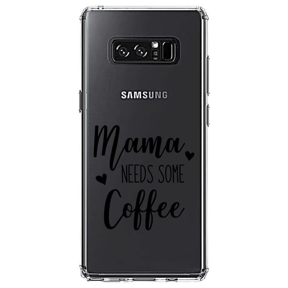 DistinctInk Clear Shockproof Hybrid Case for Samsung Galaxy Note 8 - TPU Bumper Acrylic Back Tempered Glass Screen Protector - Mama Needs Some Coffee