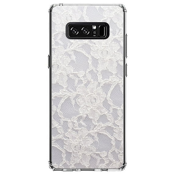 DistinctInk Clear Shockproof Hybrid Case for Samsung Galaxy Note 8 - TPU Bumper, Acrylic Back, Tempered Glass Screen Protector - White Lace Wedding