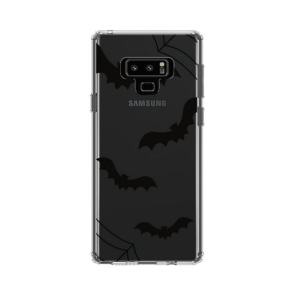 DistinctInk Clear Shockproof Hybrid Case for Samsung Galaxy Note 9 - TPU Bumper, Acrylic Back, Tempered Glass Screen Protector - Bats and Spider Webs