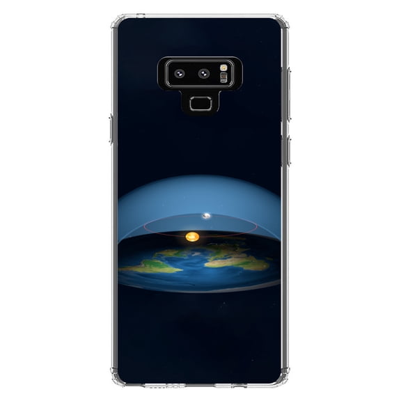 DistinctInk Clear Shockproof Hybrid Case for Samsung Galaxy Note 9 - TPU Bumper, Acrylic Back, Tempered Glass Screen Protector - Flat Earth Map