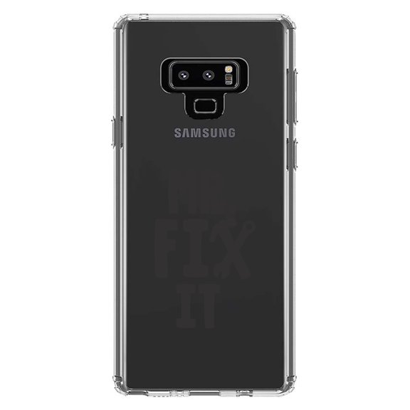 DistinctInk Clear Shockproof Hybrid Case for Samsung Galaxy Note 9 - TPU Bumper Acrylic Back Tempered Glass Screen Protector - Mr. Fix It Wrench
