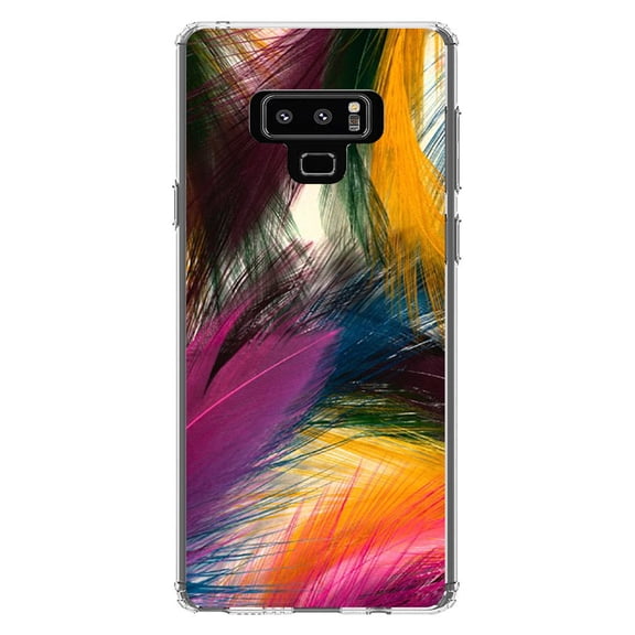 DistinctInk Clear Shockproof Hybrid Case for Samsung Galaxy Note 9 - TPU Bumper, Acrylic Back, Tempered Glass Screen Protector - Multi Color Feathers