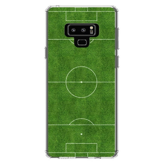 DistinctInk Clear Shockproof Hybrid Case for Samsung Galaxy Note 9 - TPU Bumper, Acrylic Back, Tempered Glass Screen Protector - Soccer Field Layout