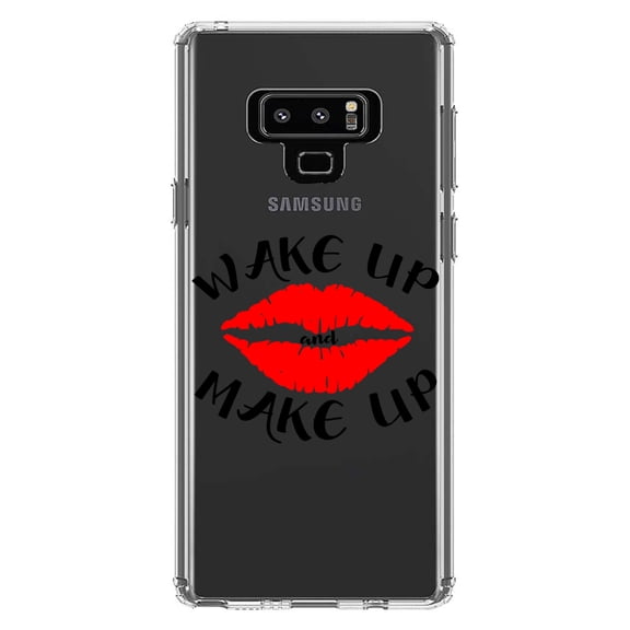 DistinctInk Clear Shockproof Hybrid Case for Samsung Galaxy Note 9 - TPU Bumper Acrylic Back Tempered Glass Screen Protector - Wake Up and Make Up