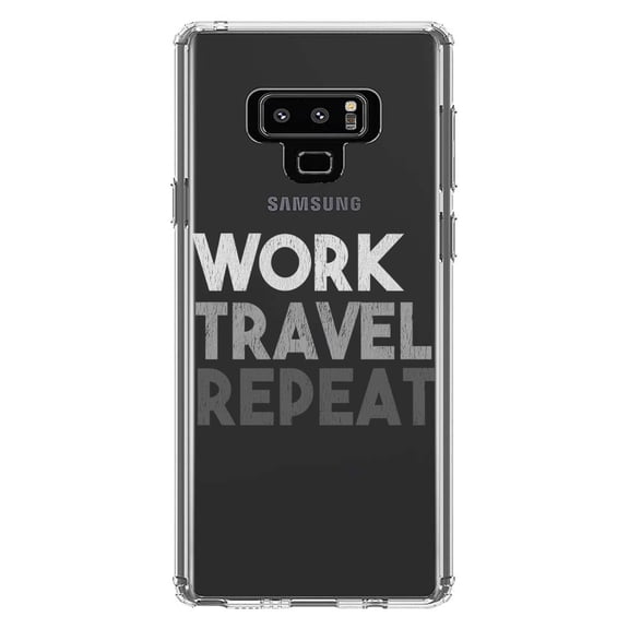 DistinctInk Clear Shockproof Hybrid Case for Samsung Galaxy Note 9 - TPU Bumper Acrylic Back Tempered Glass Screen Protector - Work Travel Repeat