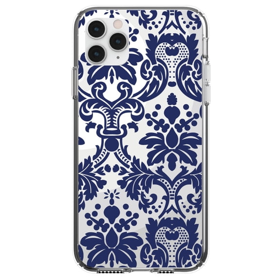 DistinctInk Clear Hybrid Case for Apple iPhone 13 (6.1" Screen) - Blue Grey Damask - Slim Profile Design