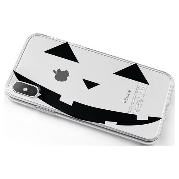 DistinctInk Clear Shockproof Hybrid Case for iPhone X / XS (5.8" Screen) - TPU Bumper, Acrylic Back, Tempered Glass Screen Protector - Pumpkin Face