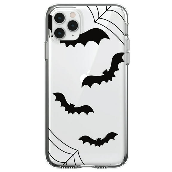 DistinctInk Clear Shockproof Hybrid Case for iPhone 11 (6.1" Screen) - TPU Bumper, Acrylic Back, Tempered Glass Screen Protector - Bats and Spider Webs