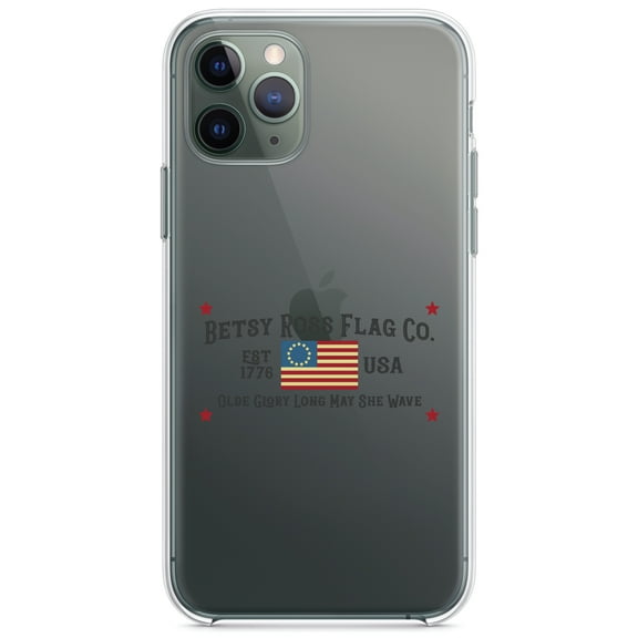 DistinctInk Clear Shockproof Hybrid Case for iPhone 11 (6.1" Screen) - TPU Bumper Acrylic Back Tempered Glass Screen Protector - Betsy Ross Flag Co - Old Glory USA