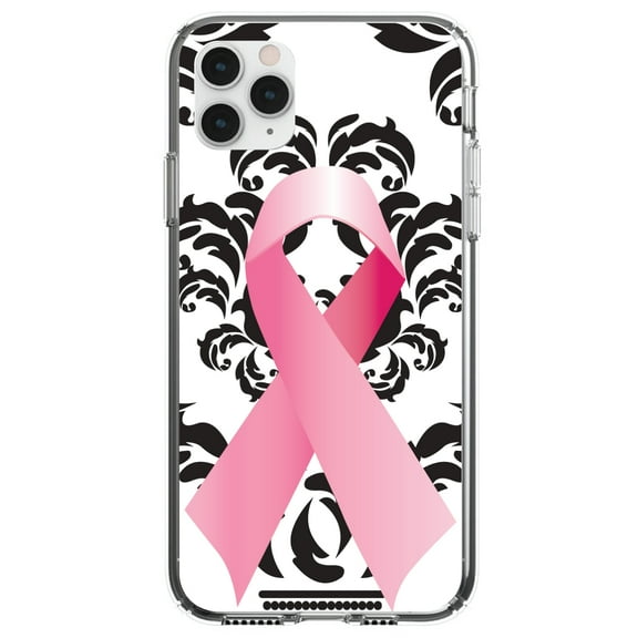 DistinctInk Clear Shockproof Hybrid Case for iPhone 11 (6.1" Screen) - TPU Bumper, Acrylic Back, Tempered Glass Screen Protector - Black Damask Pink Ribbon - Breast Cancer Awareness