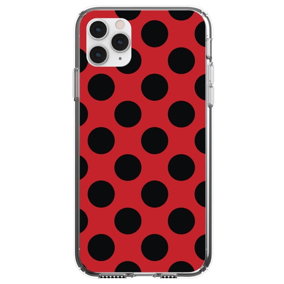 DistinctInk Clear Shockproof Hybrid Case for iPhone 11 (6.1" Screen) - TPU Bumper, Acrylic Back, Tempered Glass Screen Protector - Black & Red Polka Dots