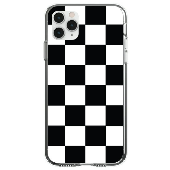 DistinctInk Clear Shockproof Hybrid Case for iPhone 11 (6.1" Screen) - TPU Bumper, Acrylic Back, Tempered Glass Screen Protector - Black White Checkered Flag Geometric - Geometric Checkered Pattern