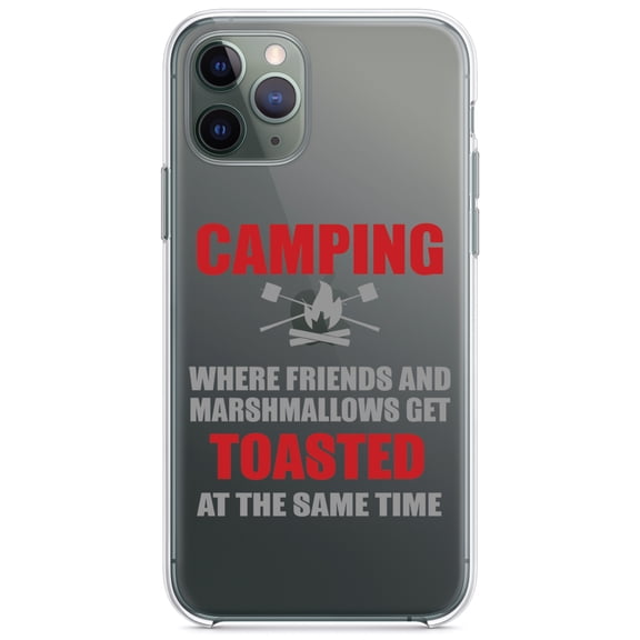 DistinctInk Clear Shockproof Hybrid Case for iPhone 11 (6.1" Screen) - TPU Bumper Acrylic Back Tempered Glass Screen Protector - Camping - Friends & Marshmallows Get Toasted
