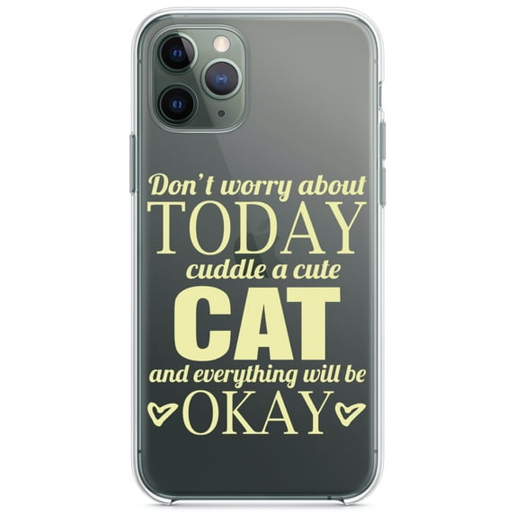 DistinctInk Clear Shockproof Hybrid Case for iPhone 11 (6.1" Screen) - TPU Bumper Acrylic Back Tempered Glass Screen Protector - Cuddle a Cat Everything Will Be Okay