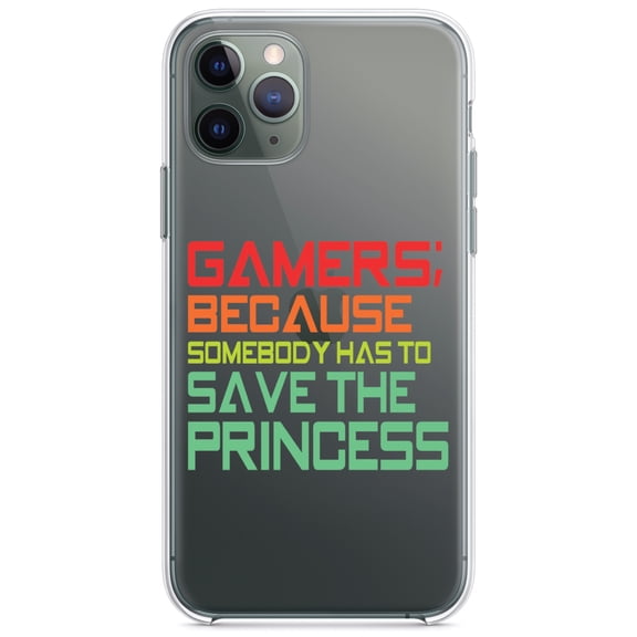 DistinctInk Clear Shockproof Hybrid Case for iPhone 11 (6.1" Screen) - TPU Bumper Acrylic Back Tempered Glass Screen Protector - Gamers; Because Somebody Has to Save Princess