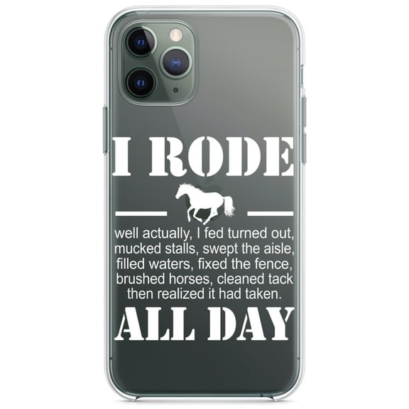 DistinctInk Clear Shockproof Hybrid Case for iPhone 11 (6.1" Screen) - TPU Bumper Acrylic Back Tempered Glass Screen Protector - I Rode All Day - Horse
