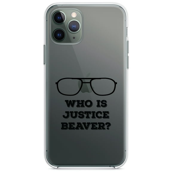 DistinctInk Clear Shockproof Hybrid Case for iPhone 11 (6.1" Screen) - TPU Bumper Acrylic Back Tempered Glass Screen Protector - Who is Justice Beaver - Dwight Glasses