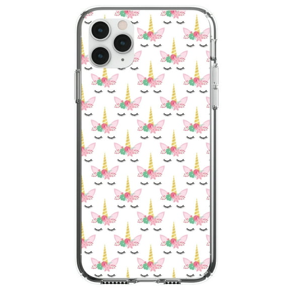 DistinctInk Clear Shockproof Hybrid Case for iPhone 11 (6.1" Screen) - TPU Bumper, Acrylic Back, Tempered Glass Screen Protector - Pastel Unicorn Pattern - White Pink Black