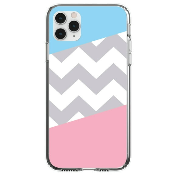 DistinctInk Clear Shockproof Hybrid Case for iPhone 11 (6.1" Screen) - TPU Bumper, Acrylic Back, Tempered Glass Screen Protector - Pink Blue Block Grey Chevron - Chevron Stripes Pattern