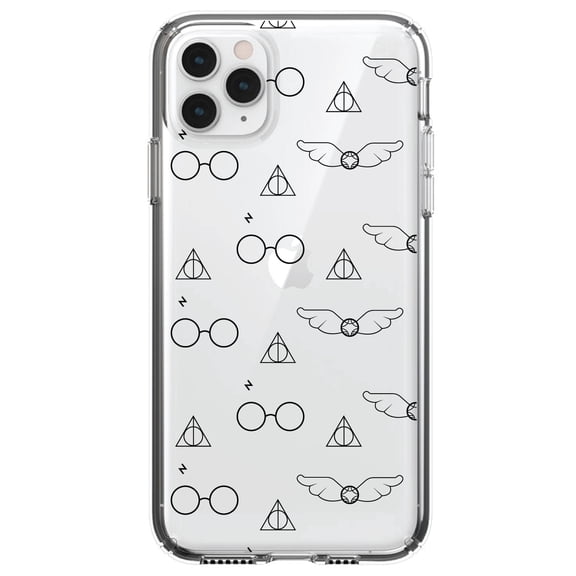 DistinctInk Clear Shockproof Hybrid Case for iPhone 11 (6.1" Screen) - TPU Bumper, Acrylic Back, Tempered Glass Screen Protector - Round Glasses with Symbol and Snitch
