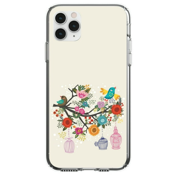 DistinctInk Clear Shockproof Hybrid Case for iPhone 11 (6.1" Screen) - TPU Bumper, Acrylic Back, Tempered Glass Screen Protector - Spring Collection - Floral Birds Teal Red