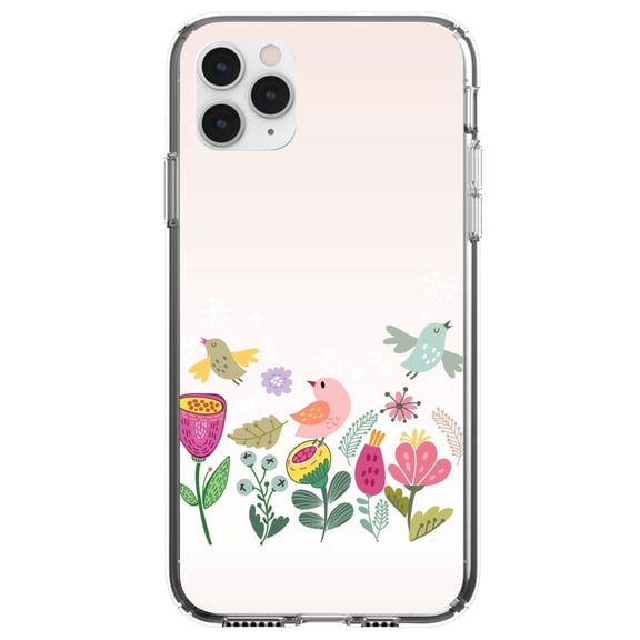 DistinctInk Clear Shockproof Hybrid Case for iPhone 11 (6.1" Screen) - TPU Bumper, Acrylic Back, Tempered Glass Screen Protector - Spring Collection - Flowers and Birds