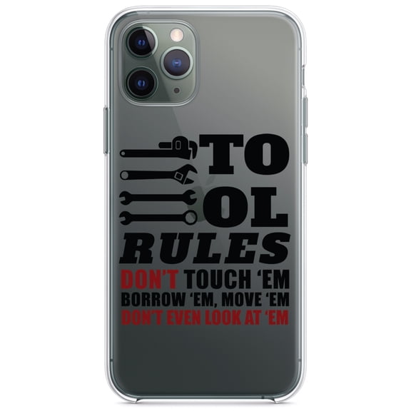 DistinctInk Clear Shockproof Hybrid Case for iPhone 11 (6.1" Screen) - TPU Bumper Acrylic Back Tempered Glass Screen Protector - Tool Rules Don't Touch Borrow Move Look
